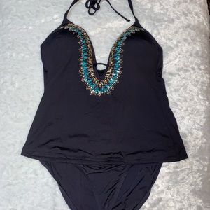 Kenneth Cole Beaded Deep V Tankini Top